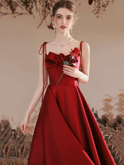 Burgundy Satin Long Prom Dress, Cute A-Line Spaghetti Straps Evening Dress