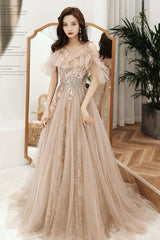 Champagne Tulle Sequins Long Formal Party Dresses, Off the Shoulder Prom Dresses