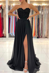Black Chiffon Lace Long Prom Dresses, A-Line Strapless Evening Dresses