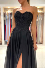 Black Chiffon Lace Long Prom Dresses, A-Line Strapless Evening Dresses