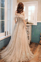 Champagne Tulle Sequins Long Formal Party Dresses, Off the Shoulder Prom Dresses