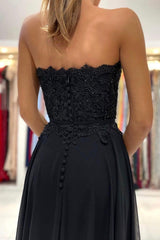 Black Chiffon Lace Long Prom Dresses, A-Line Strapless Evening Dresses