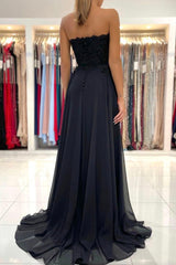 Black Chiffon Lace Long Prom Dresses, A-Line Strapless Evening Dresses