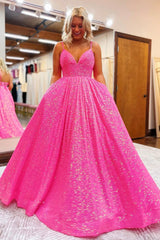 A-Line Sequins Long Prom Dresses, V-Neck Evening Party Dresses