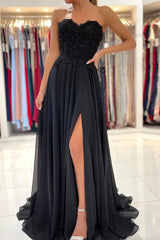 Black Chiffon Lace Long Prom Dresses, A-Line Strapless Evening Dresses