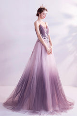 Purple Tulle Sequins Long Prom Dresses, A-Line Evening Dresses