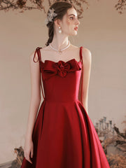 Burgundy Satin Long Prom Dress, Cute A-Line Spaghetti Straps Evening Dress