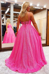 A-Line Sequins Long Prom Dresses, V-Neck Evening Party Dresses