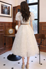 White Tulle Short Sleeve Prom Dress, Cute A-Line Evening Dress