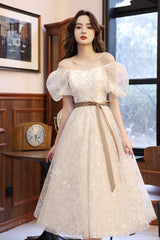 White Tulle Short Sleeve Prom Dress, Cute A-Line Party Homecoming Dress
