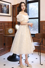 White Tulle Short Sleeve Prom Dress, Cute A-Line Party Homecoming Dress