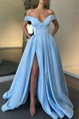 A-Line Blue Satin Prom Dress, Blue Off the Shoulder Evening Dress