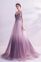 Purple Tulle Sequins Long Prom Dresses, A-Line Evening Dresses