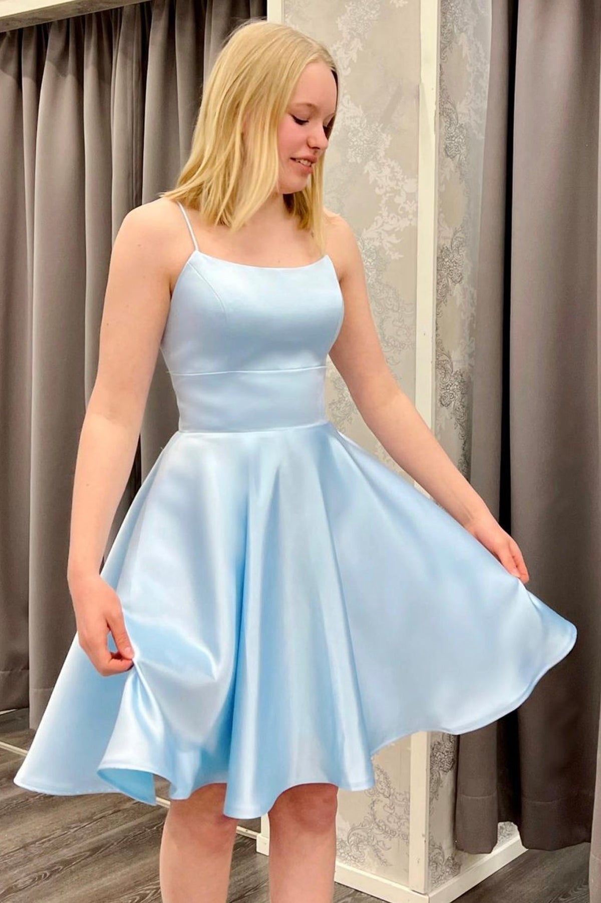 Blue Satin Short A-Line Prom Dress, Blue Graduation Dress
