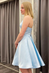 Blue Satin Short A-Line Prom Dress, Blue Graduation Dress