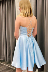 Blue Satin Short A-Line Prom Dress, Blue Graduation Dress