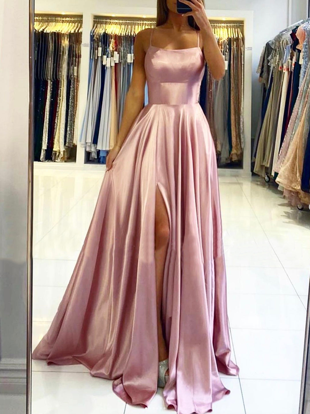 Pink Satin Long Prom Dress, Simple A-Line Backless Evening Dress