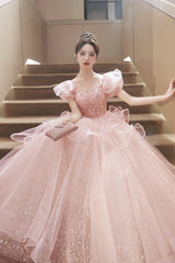 Pink Tulle Sequins Long Formal Dresses, Beautiful Short Sleeve Evening Dresses