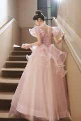 Pink Tulle Sequins Long Formal Dresses, Beautiful Short Sleeve Evening Dresses