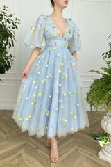 Blue V-Neck Tulle Lace Short Prom Dress, Cute Short Sleeve Party Dress