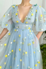 Blue V-Neck Tulle Lace Short Prom Dress, Cute Short Sleeve Party Dress