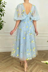 Blue V-Neck Tulle Lace Short Prom Dress, Cute Short Sleeve Party Dress