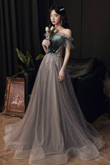 A-Line Tulle Off the Shoulder Prom Dresses, Gray Evening Dresses