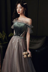 A-Line Tulle Off the Shoulder Prom Dresses, Gray Evening Dresses
