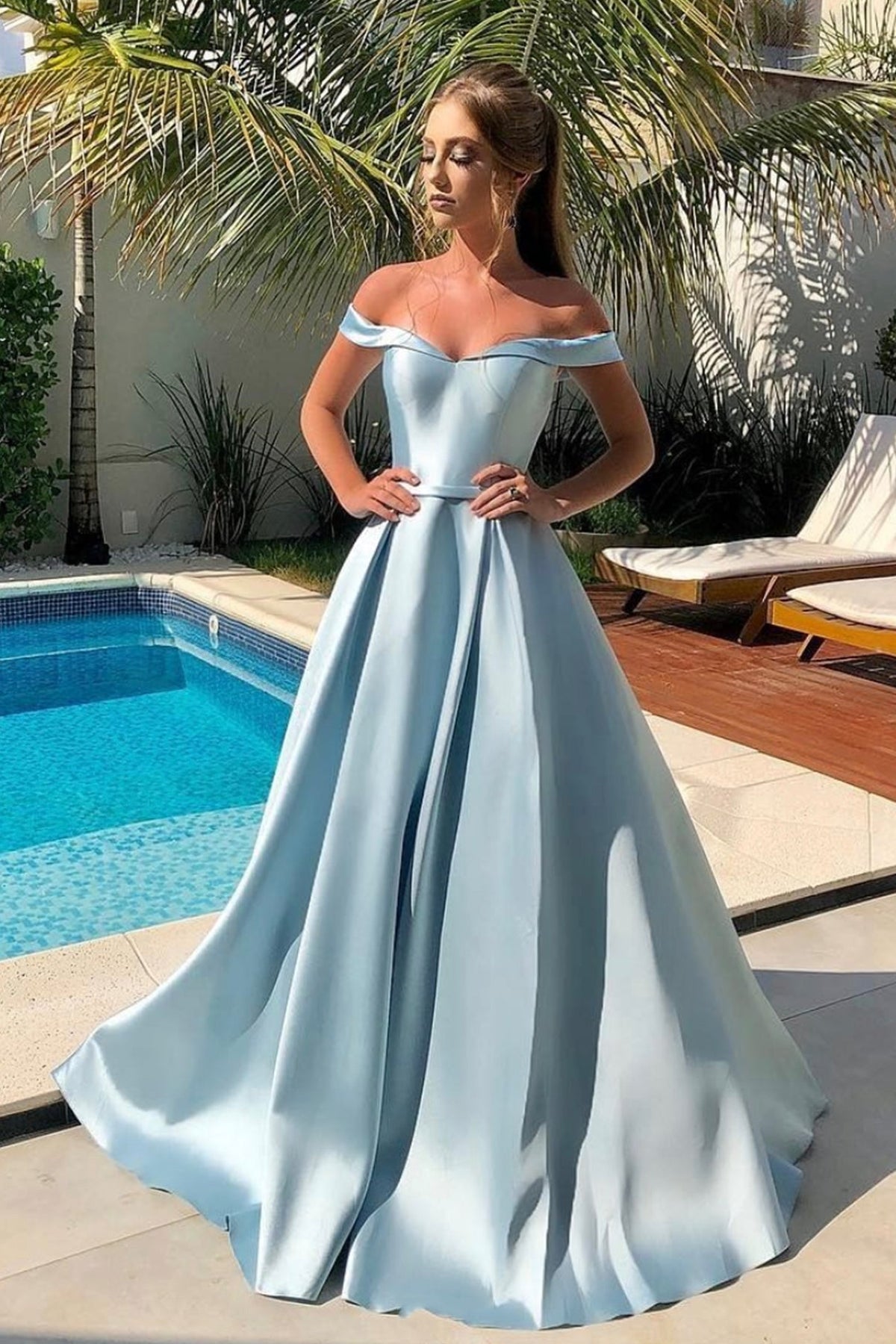 Blue Satin Long Prom Dresses, Off the Shoulder Evening Dresses