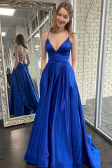 Blue Satin Long Prom Dresses, A-Line Backless Evening Dresses with Pockets