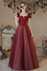 Burgundy Satin Tulle Long Prom Dress, A-Line Evening Dress