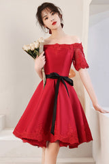 Red Satin Lace Short Prom Dresses, A-Line Evening Party Dresses