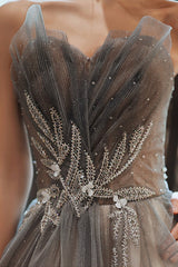 Gray Tulle Strapless Long Prom Dresses, A-Line Formal Evening Dresses