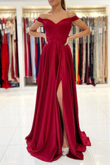 Burgundy Satin Long Prom Dresses, A-Line Off the Shoulder Evening Dresses