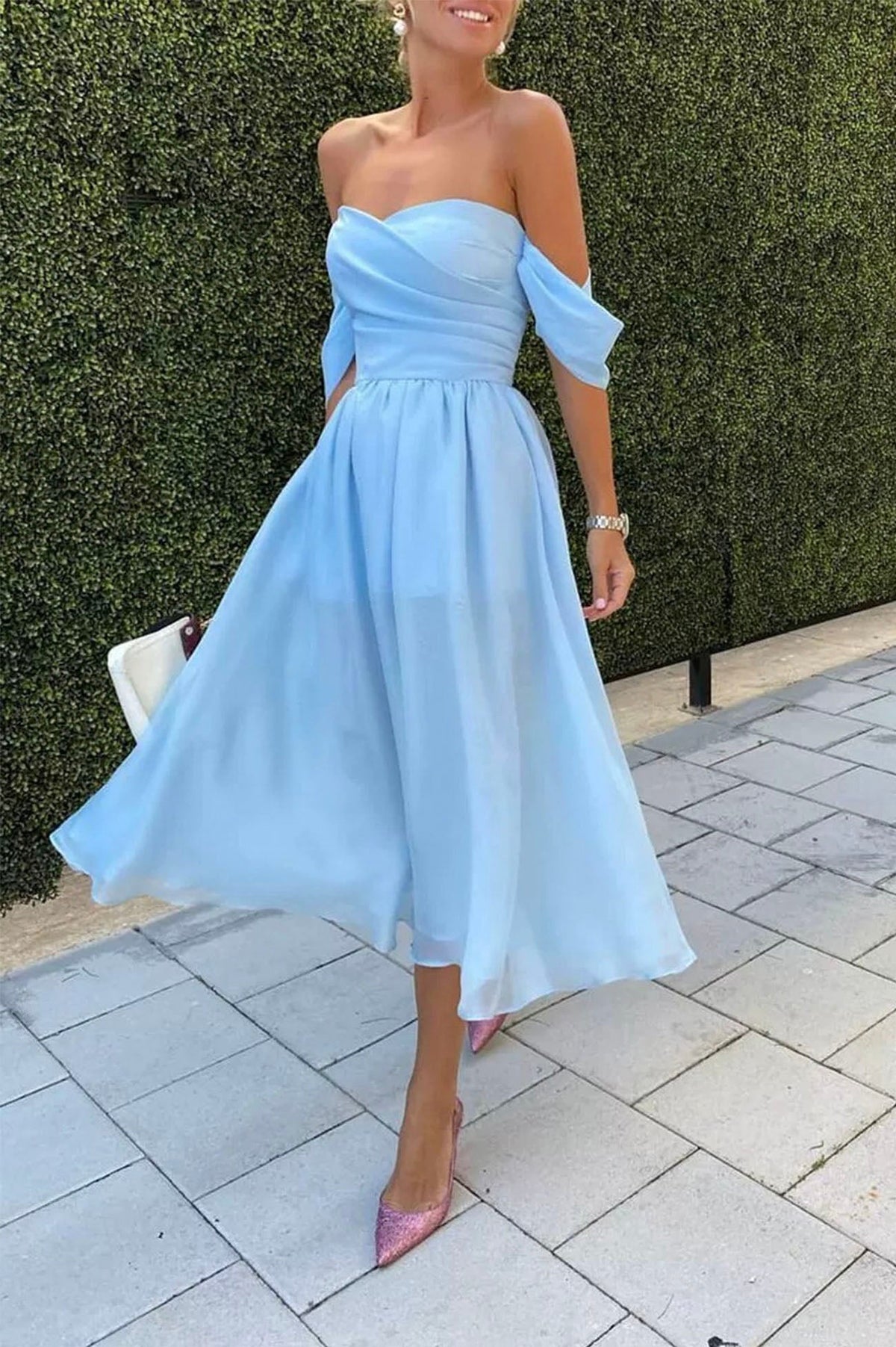 Blue Chiffon Off the Shoulder Short Prom Dress, A-Line Blue Homecoming Dress