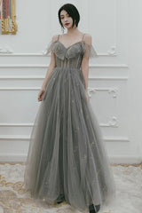Gray Tulle Sequins Long Prom Dresses, A-Line Evening Dresses