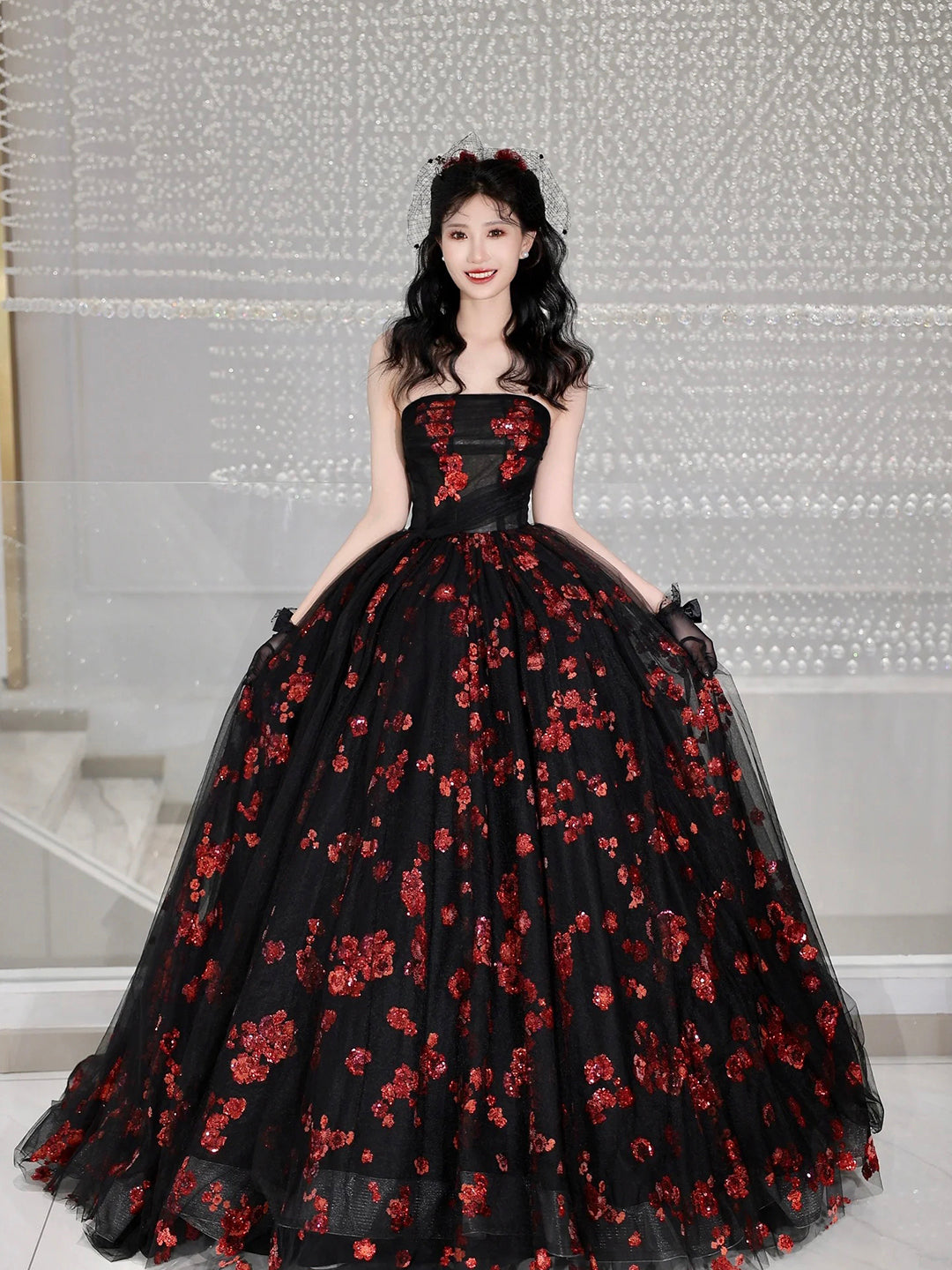Black Tulle and Red Sequins Long Formal Dress, A-Line Strapless Evening Party Dress