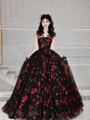 Black Tulle and Red Sequins Long Formal Dress, A-Line Strapless Evening Party Dress