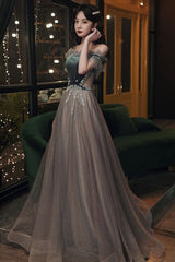 A-Line Tulle Off the Shoulder Prom Dresses, Gray Evening Dresses