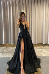 Black Chiffon Beaded Long Prom Dress, V-Neck Backless Evening Party Dress