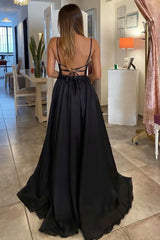 Black Chiffon Beaded Long Prom Dress, V-Neck Backless Evening Party Dress
