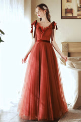 A-Line Tulle Long Prom Dress, V-Neck Evening Party Dress