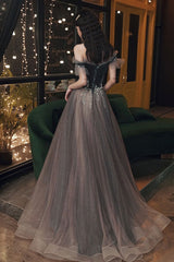 A-Line Tulle Off the Shoulder Prom Dresses, Gray Evening Dresses