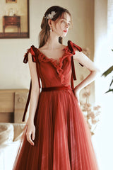 A-Line Tulle Long Prom Dress, V-Neck Evening Party Dress