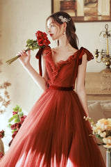 A-Line Tulle Long Prom Dress, V-Neck Evening Party Dress