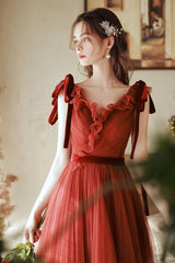 A-Line Tulle Long Prom Dress, V-Neck Evening Party Dress