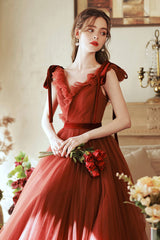 A-Line Tulle Long Prom Dress, V-Neck Evening Party Dress