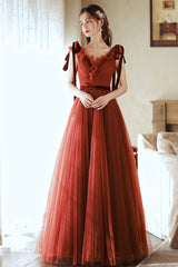 A-Line Tulle Long Prom Dress, V-Neck Evening Party Dress
