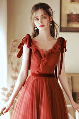 A-Line Tulle Long Prom Dress, V-Neck Evening Party Dress