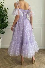 Purple Tulle Short Prom Dresses, A-Line Off the Shoulder Evening Dresses
